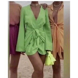 L'ACADEMIE The Janeiro Mini Kimono Style Bell Sleeve Wrap Dress Lime Green XL